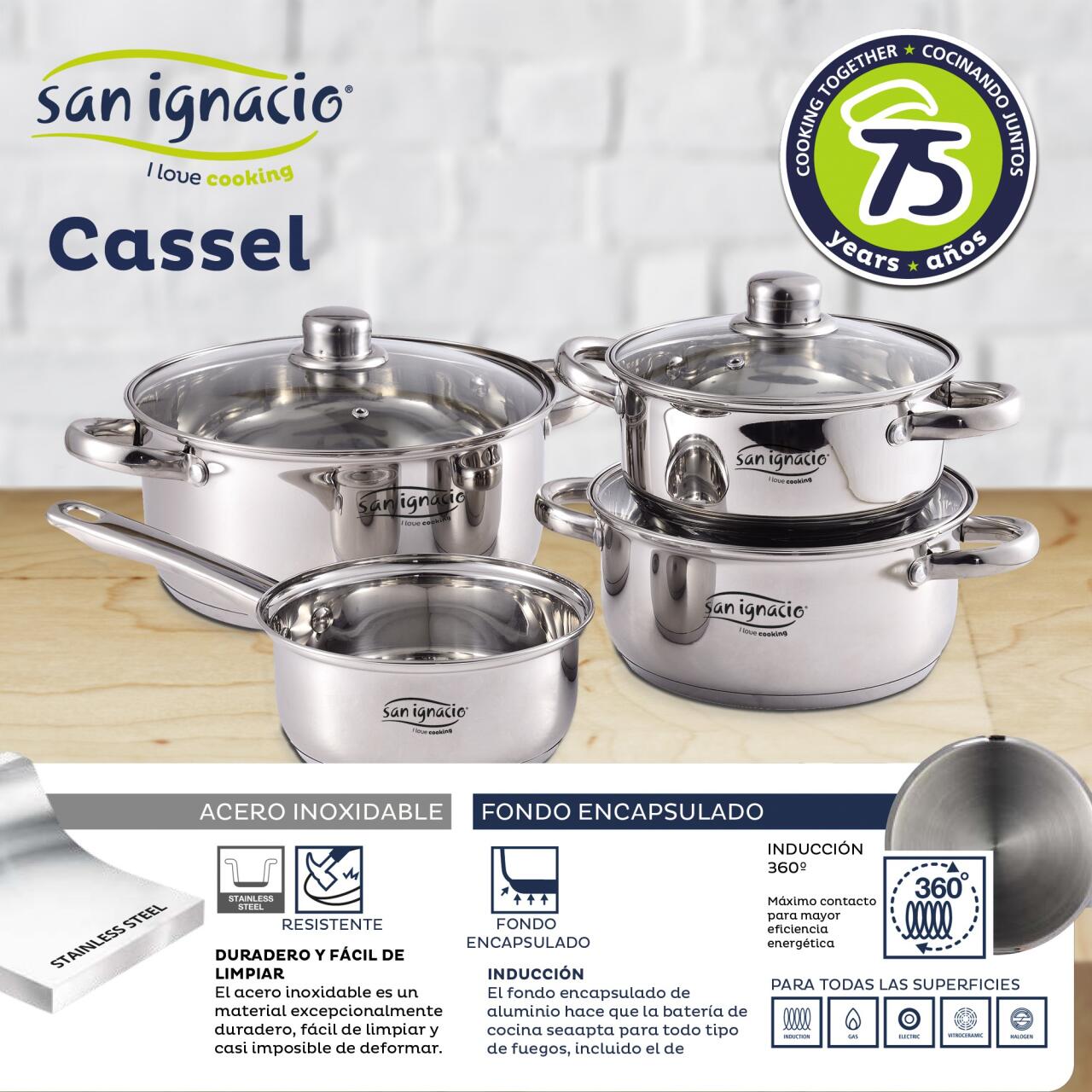 Batería de Cocina 5/7/12 Piezas Cassel San Ignacio acero inoxidable