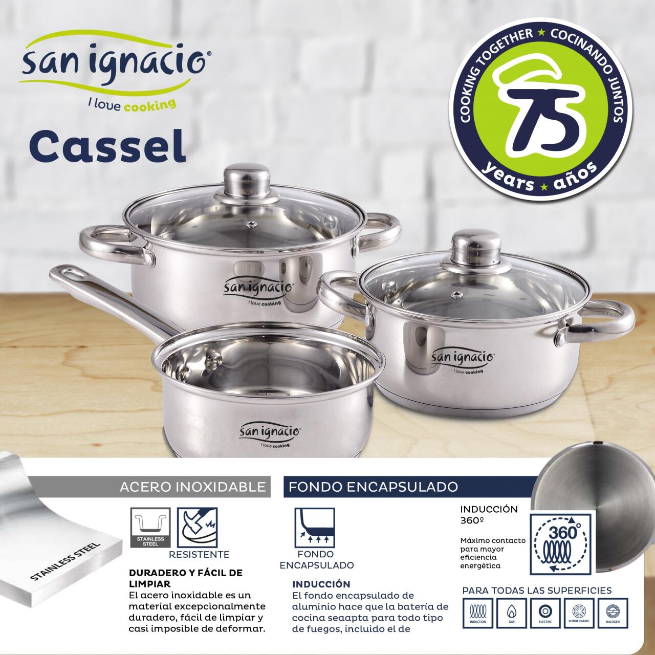 Batería de Cocina 5/7/12 Piezas Cassel San Ignacio acero inoxidable