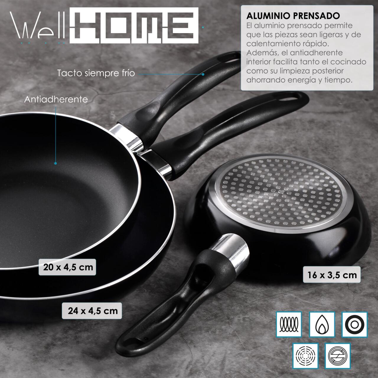 Set de 3 Sartenes Ø16/20/24 cm en Aluminio Prensado WellHome- Apto para Inducción, Color Negro