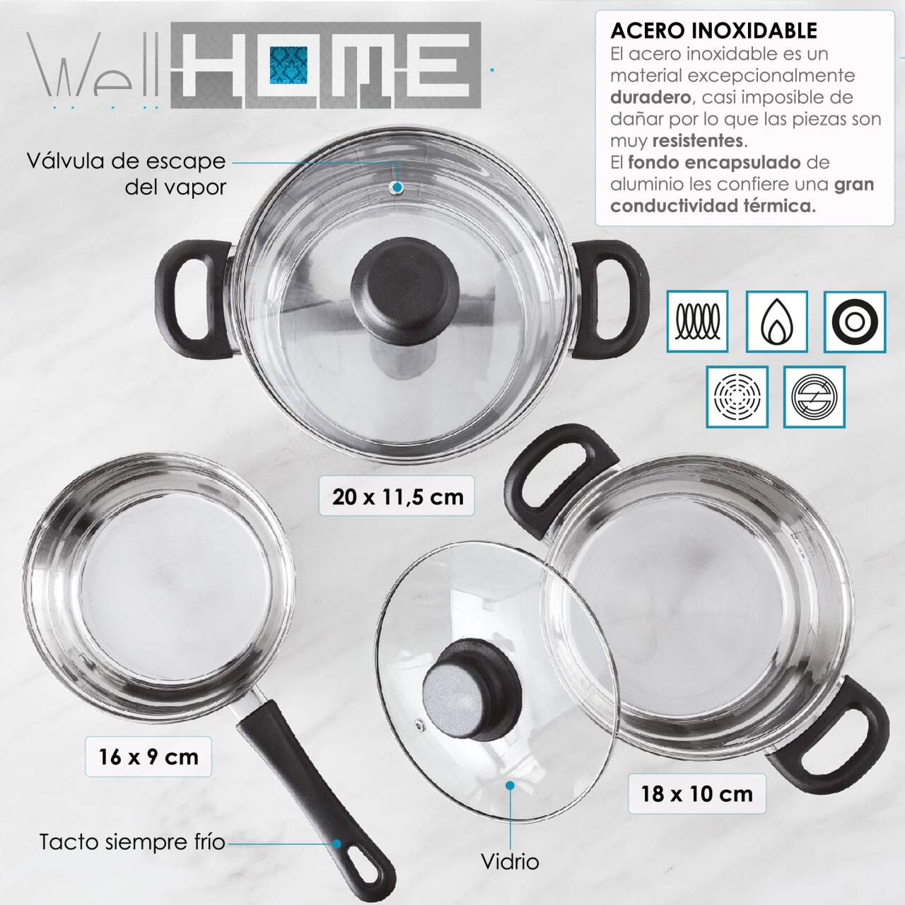 Batería de Cocina 5 Piezas en Acero Inoxidable WellHome | Alta Durabilidad y Versatilidad