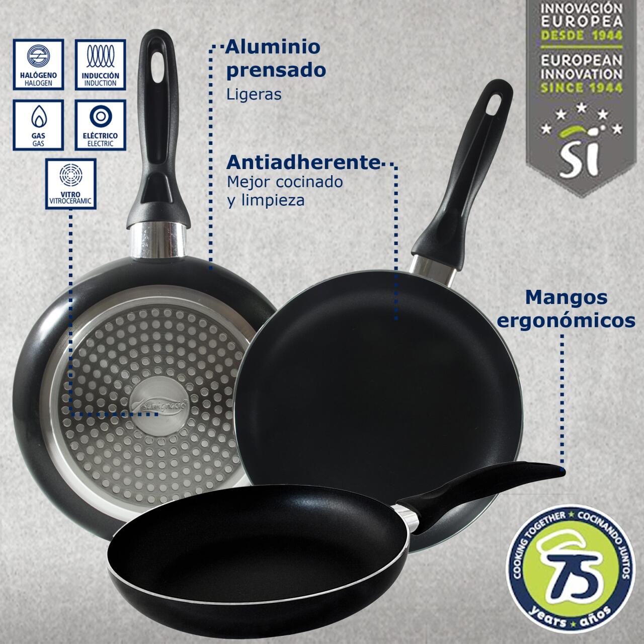 Set de 3 Sartenes San Ignacio Ø16/20/24 cm en Aluminio Prensado - Colección Navy, Apto para Inducción